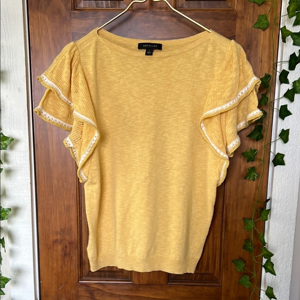 ANN TAYLOR Cotton Linen Knit Ruffle Sleeve Boatneck Sweater Top in Yellow | M
